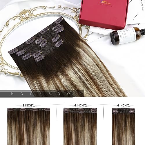 Moresoo Clip in Hair Extensions Roots Dark Brown Ombre Medium Brown with Bleached Blonde Balayage Real Hair Extensions Clip in Human Hair Natural Shadows 14 Inch 5pcs/80g #4/6/613 - Image 3