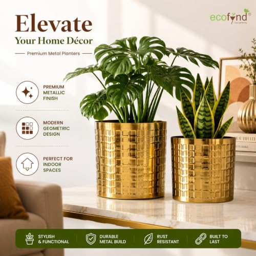 Image of ecofynd 2 Pack Metal Plant Pots (7 inch, 6 inch), Indoor Small Planter Flower Pots, Home Garden Decor Planter for Living Room Bedroom Interior (Gold Finish, POT055)