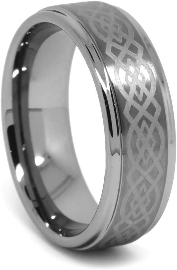 Tungsten Wedding Band, Celtic Tungsten Ring for Men, High Polish Step Edge, Flat Top with Laser Celtic Design, 8mm