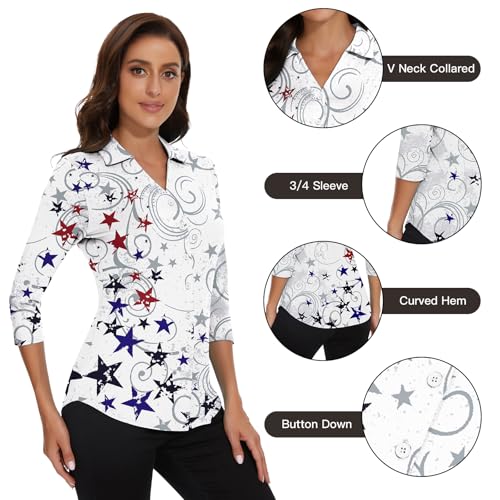 Image of Soneven Womens Golf Polo Shirts 3 /4 Long Sleeve V Neck Button Down Shirts Business Causal Work Blouses Tops