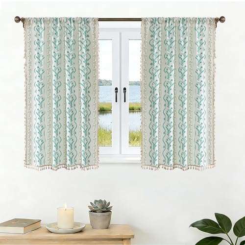 Image of Boho Curtains 45 Inch Long for Living Room, Bedroom,Sky Blue on White 2 Panels Floral Farmhouse Vintage Tassel Semi Sheer Light Filtering Privacy Window Curtain Drapes with Rod Pocket