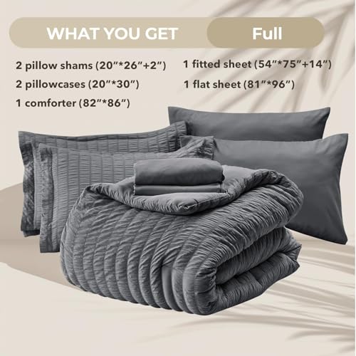 Image of HYMOKEGE Full Size Comforter Sets Seersucker 7 Pieces, All Season Luxury Bed in a Bag for Bedroom, Bedding Set with Comforters, Sheets, Pillowcases & Shams, Dark Grey