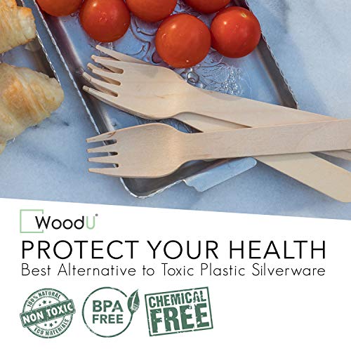 Woodu Disposable Wooden Forks 6" - Natural Birch Wood Biodegradable Utensils Cutlery Alternative To Plastic Cutlery - Wooden Compostable Forks- Heavy Duty Party Supplies (100 Pack) #TOP2