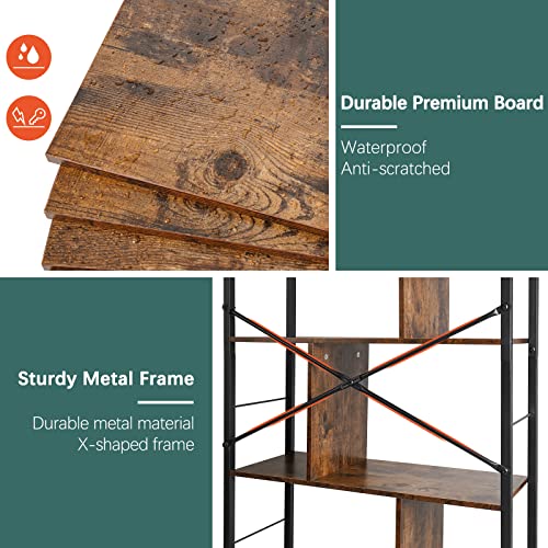 Yoobure 5 Tier Tall Bookshelf, Industrial Book Shelf Storage Bookcase, Open Wood Display Shelves, Corner Book Case Metal Shelving Unit For Bedroom, Standing Bookshelf For Living Room, Office, Kitchen #TOP5