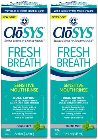 CloSYS Sensitive Mouthwash, 32 Ounce, 2 Count, Gentle Mint, Alcohol Free, Dye Free, pH Balanced, Helps Soothe Mouth Sensitivity, Fights Bad Breath