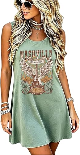 Image of Nashville Sundresses Women Summer Rock Band Sun Dresses Vintage Country Concert Tank Dress Country Music Shirt Dress(X-Large,Green-1)