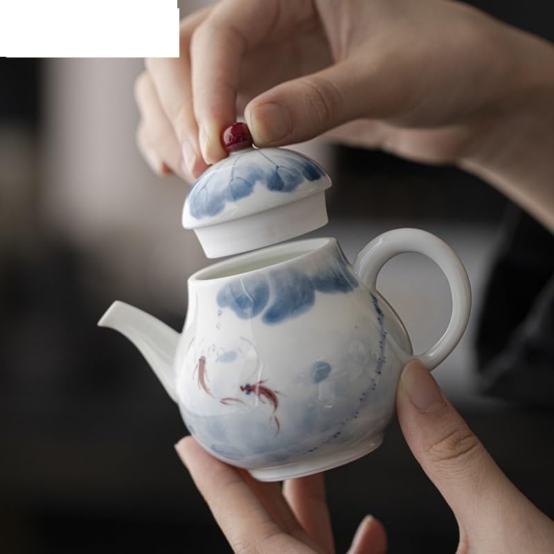tea infuser teapot Tea Kettle 145ml Hand-Painted Fish Play Lotus Pond Teapot Pure Handmade White Porcelain Zen Pot Tea Maker Kettle Cha Accessories Ornaments Loose Leaf Steeper Tea Infuser Pot