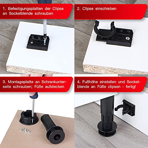LouMaxx Sockelfüße 4er Set verstellbare Füße Schwarz 200kg Tragkraft | Möbelfuß 100-120mm für Küche & Bad |verstellbare Möbelfüße mit Montagematerial |Möbelfüße höhenverstellbar |stabile Küchenfüße