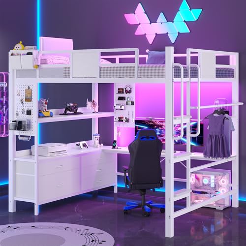 Image of Dnxao Full Size Loft Bed with Desk and 5 Storage Drawers, Heavy Duty Metal Loft Bed with Charging Station, LED Lights & Pegboard, Space-Saving Workstation for Teens & Adults, White