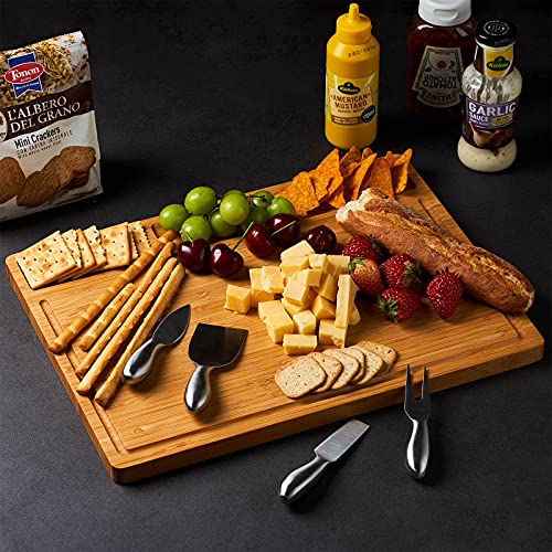 Large Bamboo Wood Cutting Board for Kitchen, Cheese Charcuterie Board Set with 3 Built-in Compartments and Juice Grooves, Butcher Block (17x12.6)