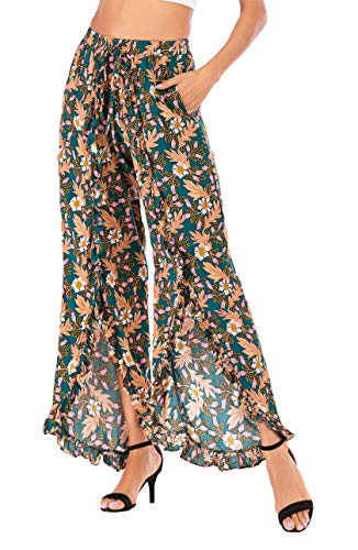 Women's Summer Wide Leg Floral Slit Ruffled Flounce Elastic High Waist Boho Hippie Palazzo Pants Plus Size (Green Floral, XXL)