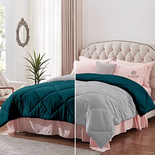 Image of Filbert - Double Bed Comforter for Winter 300 GSM Reversible Microfiber Soft & Cozy Diamond Stitch Quilt (90 inch x 100 inch Inches /228cm x 254cm) - Comforter Double Bed|Silver /Teal