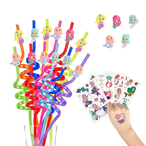 12 pièces sirène Pailles en plastique pour boire + 4 Tatouages temporaires + 1 Brosse de nettoyage, Pailles réutilisables pour fêtes d'anniversaire