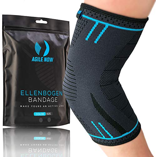 AGILE NOW - Ellenbogenbandage stabilisiert & schützt die Gelenke - rutschfeste Tennisarm Bandage für Damen & Herren - geeignet für alle Sportarten wie Tennis, Gewichtheben, Golf & Co (L | Blau) Cover