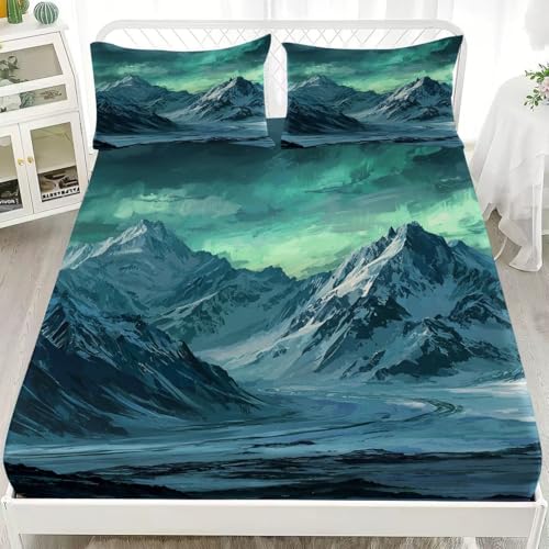 Sábana Bajera Juegos de Cama 135x190 cm con Elástica Bolsillo Profundo 30cm Aurora De MontañA Nevada Individual Ajustables Protector De Colchón Suave Cómoda Verde para Adolescentes y Adultos