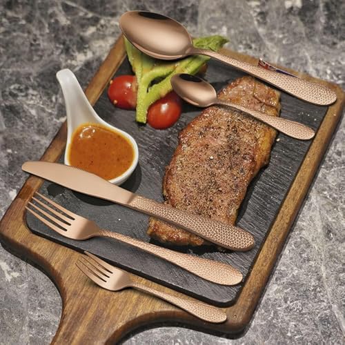Image of Hammered Rosegold Silverware Set | 20-Piece Premium Stainless Steel Flatware Set | Dishwasher Safe Cutlery Set for Home, Restaurant & Gifting