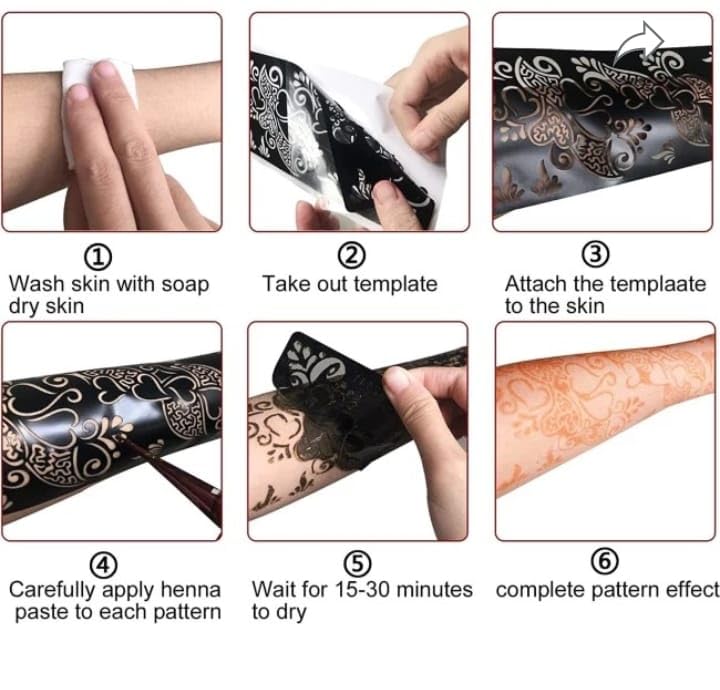 Image of Mehndi Tattoo Stencils for Hands | Reusable Henna Stencil Stickers for Women & Girls | Easy-Use Arabic & Floral Mehndi Design Templates | Temporary Tattoo Stencils for Festivals, Bridal, Karwa Chauth & Eid (5)