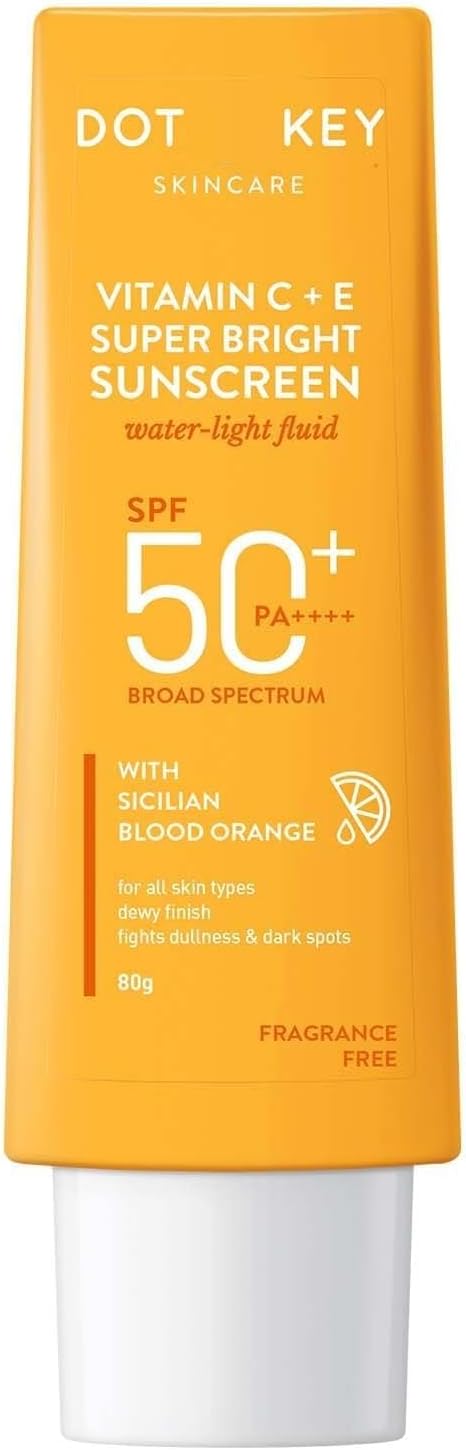 DOT KEY Vitamin C + E Super Bright Sunscreen Spf 50 | Water-Light,UVA/UVB & Blue Light Protection | For Even Toned & Glowing Skin|With Liquid Spf 50+++ | No White Cast |For All Skin Types | 80 gm