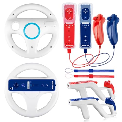 SWeien 8-in-1 Game Bundle, 2 Pack Wii Remote Motion Plus Controllers with Nunchucks, 2 Mario Kart Steering Wheels & 2 Zapper Light Guns, Compatible with Nintendo Wii/Wii U