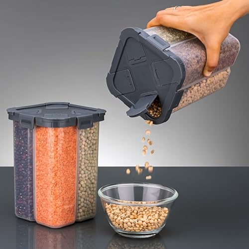 PIXERDOT® 4 In 1 (2100 ML) Airtight Food Grain Storage Dispenser, Food Storage Container, Multi Compartment Container for Rice, Lentils Beans Cereals, Space Saving Kitchen Organizer With Easy Pour Lid