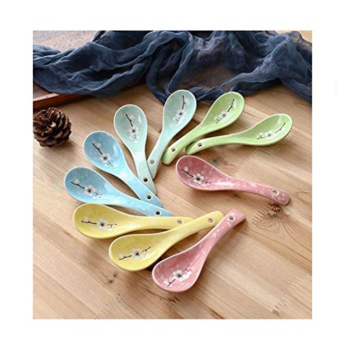Chinese Soup Spoons Short-handled Color 10 Pieces Set Ceramic Spoon, Beautiful Hand-painted Glazed Porcelain Spoon, Spoon, Dinner Spoon, Soup Dumpling Spoon 5.5in Table Spoons, Dessert Spoons