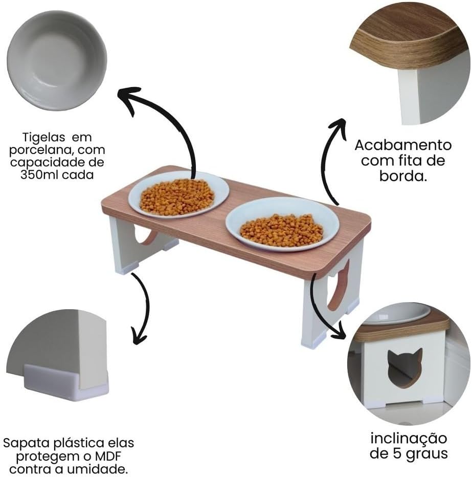 Comedouro Elevado Duplo Gato Porcelana PET MDF 15mm - Inclinado Sapatas antiderrapantes e Acabamento em PVC - Evita Inchaço. Conforto e Saúde para Cães e Gatos Comedouro Elevado Duplo Gato Porcelana PET MDF 15mm - Inclinado Sapatas antiderrapantes e Acabamento em PVC - Evita Inchaço. Conforto e Saúde para Cães e Gatos