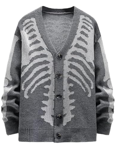 Image of Yimoon Men's Skeleton Print Cardigan Sweaters Casual V Neck Button Down Open Front Sweater Coats
