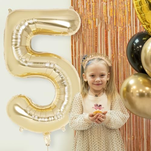 Image of Champagne Gold Large Number 5 Balloon, 40 Inch Light Gold Foil Helium Number Balloons, Giant Mylar Number 5 Balloons for 5 Years Old Birthday Party Anniversary Decorations