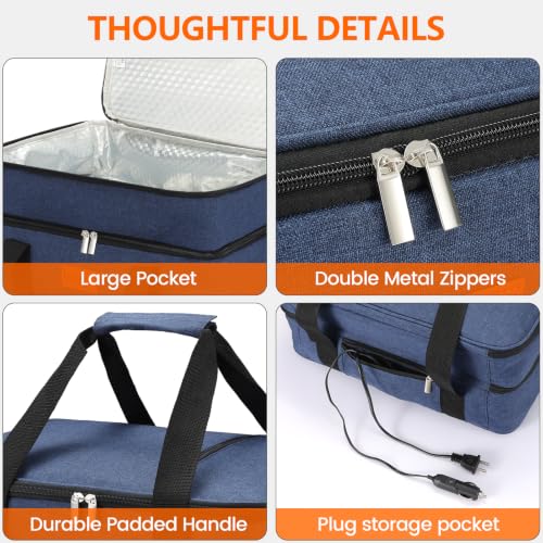 Image of Food Warmer Electric Casserole Carrier - Large Double Decker Heated Lunch Bag for Car Truck,12V /24V /110V,Thermos for hot Food for Potluck Cookouts Parties Picnic,Fits 9 inchx13 inch Baking Pan (Navy)