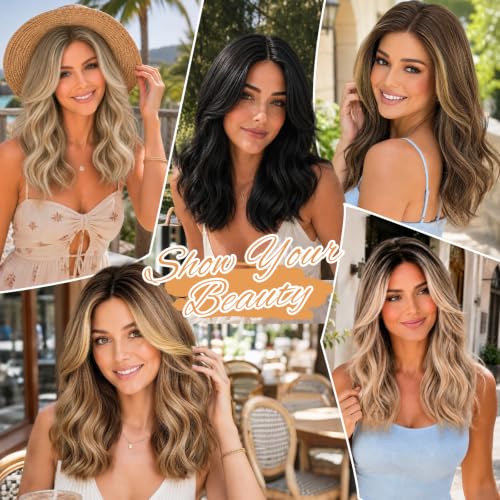 18 Inch Wavy Synthetic Wig with Curtain Bangs and Lace Hairline
