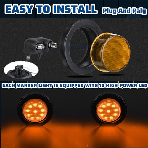 Image of Treela 16 Pcs 2 Inch LED Marker Lights 10 LEDs Round Trailer Light Waterproof Sealed with Rubber Flush Mount Grommet 2 Prong Wire Pigtails for RV Truck Semi Trailer Side Tail Lights(Yellow)
