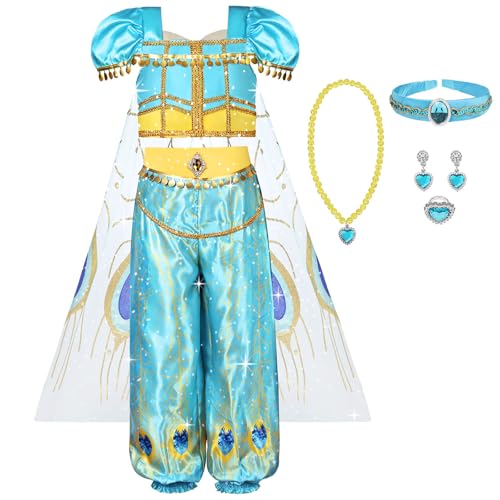 AUYAO Deguisement de Princesse Jasmine Fille, Robe de Princesse Jasmine pour Enfant Fille, Costume de Princesse, Robe de Soirée Fille, Déguisement Halloween...