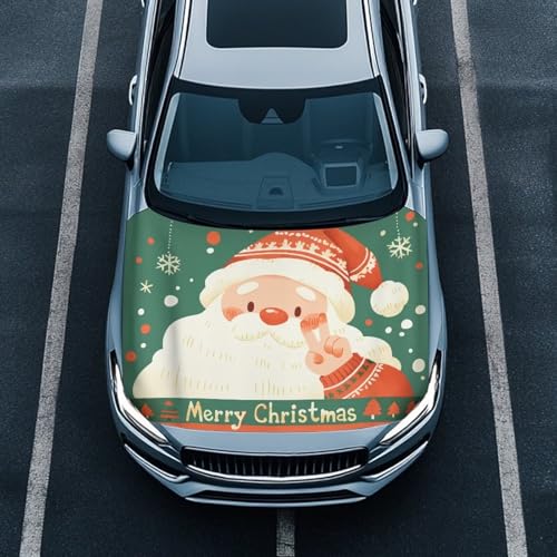 Image of Santa Claus Print Car Hood Cover Stretch Polyester Fabric Cover for Car Hood Removable Car Hood Protector Easy Installation for Car Hood Decoration and Protection