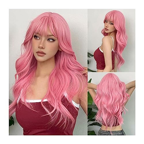 Perruque cheveux synthétiques longs ondulés rose clair pour femme noire et blanche