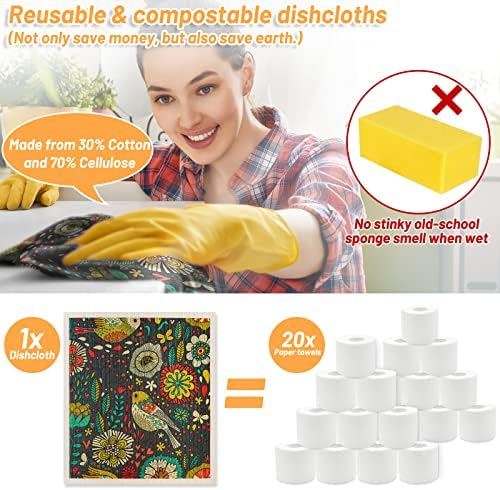Lucomb 8 Pack Swedish Dishcloths for Kitchen, Reusable Soft Kitchen Towels Swedish Dish Cloths Set Absorbent Sponge Cleaning Cloths Washable Quick Drying for Kitchen Bar Hand Washing (Birds Flowers) - 5