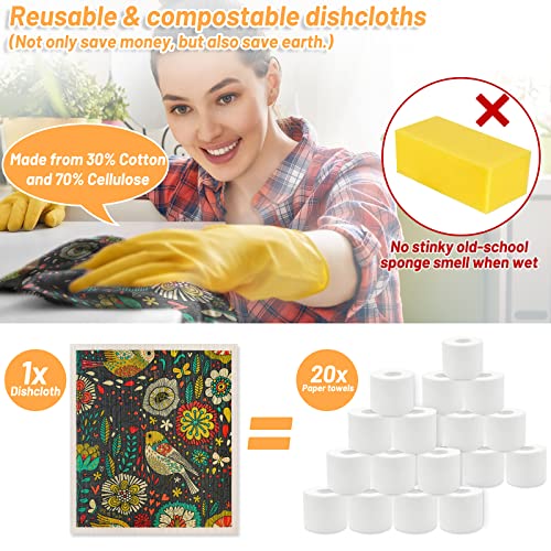 Lucomb 8 Pack Swedish Dishcloths For Kitchen, Reusable Soft Kitchen Towels Swedish Dish Cloths Set Absorbent Sponge Cleaning Cloths Washable Quick Drying For Kitchen Bar Hand Washing (Birds Flowers) #TOP5