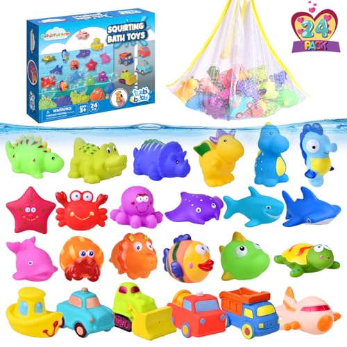 FUN LITTLE TOYS 24 Pcs Bath Toys for Toddlers, Sea Animals & Cars Squirter Water Toys,Bathtub Toys with Storage Bag, Baby Bath Toys, Toddler Pool Toys for Kids Party Favors Age1-3