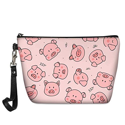 Renewold PU Leather Makeup Bag Pink Pig Cosmetic Bag Travel Cosmetic Bags for Women Girls,Waterproof Double Zipper Large Leather Makeup Organizer Cosmetic Case Toiletry Bag
