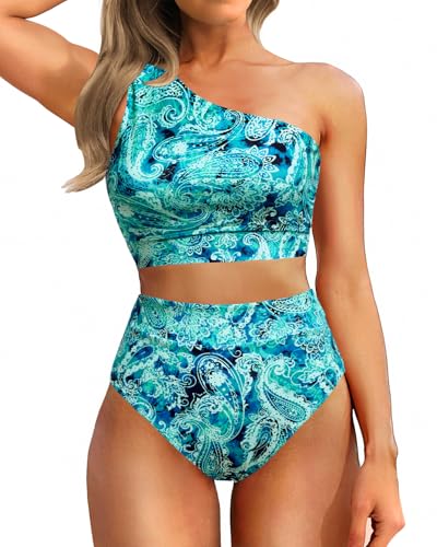 Image of Holipick Women One Shoulder High Waisted Bikini Sets Two Piece Swimsuit Tummy Control Bathing Suit Full Coverage Swimwear