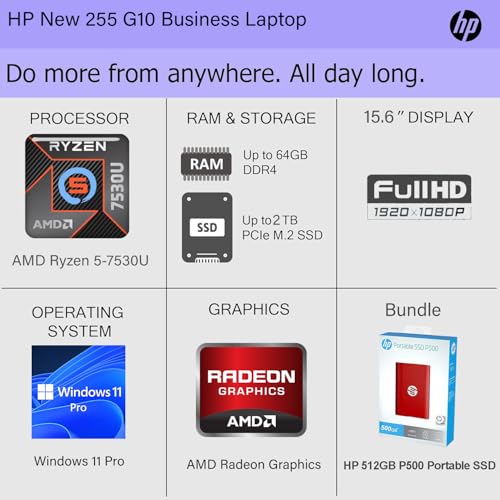 Image of HP 255 G10 Laptop for Business or Fun, Ryzen 5 7530U CPU (Beat Ultra 7 164U), 16GB RAM, 1TB SSD (512GB SSD withHP 512GB P500 Portable SSD), 15.6 inch Full HD, Fast Wi-Fi 6, HDMI, Type-C, Windows 11 Pro