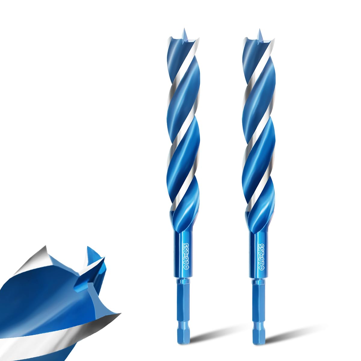 Teronbeta Wood Drill Bit 16mm x 155mm x 2pcs Professional 1/4 Inch Hex Shank Brad Point Auger Drill Bits for Wood