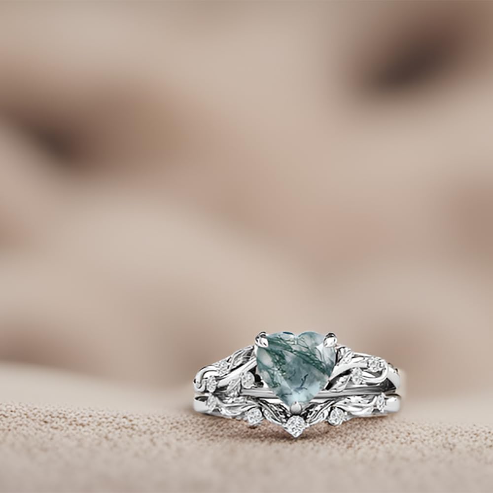 Natural Moss Agate Engagement Ring Set 925 Sterling Silver Rings for Her with Free Engraving Jewelry Gift for Women Moss Agate Vintage Ring Set-15