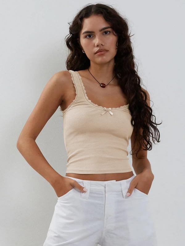 Haibang Damski podkoszulek elegancki letni czołg bez rękawów bawełna prążkowany podkoszulek z szerokim ramieniem seksowny slim fit koronkowa koszula Y2K Cami rozciągliwa koszulka