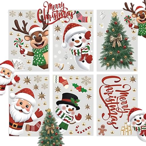 Pegatinas Navideñas para Ventanas | Adhesivos Invernales Con Motivos De Muñeco De Nieve Copo De Árbol Papá Noel Reno,6 Láminas de Decoración para Cristales Decoración Navideña para Puertas de