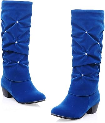 MIOKE Womens Fashion Slouch Mid Calf Riding Boots With Rhinestone Round Toe Suede Cozy Low Heel Dress Boots