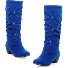 MIOKE Womens Fashion Slouch Mid Calf Riding Boots With Rhinestone Round Toe Suede Cozy Low Heel Dress Boots