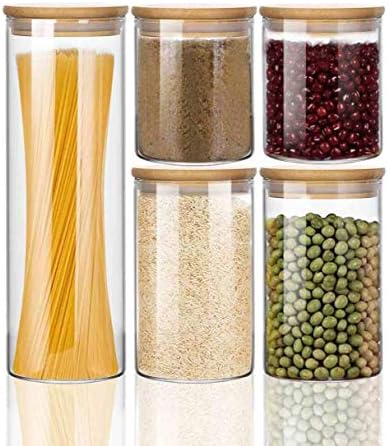 Wennyn Food Storage Glass Jar Kit, Sealed Glass Container for Home Kitchen, Container with Wooden Lid for Storing Candy, Rice, Coffee, Tea, Cookie, Sugar, Flour, Pasta, Nuts, 5Pack