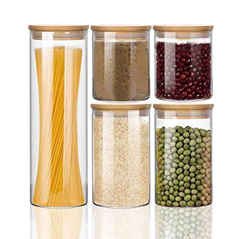 Wennyn Food Storage Glass Jar Kit, Sealed Glass Container For Home Kitchen, Container With Wooden Lid For Storing Candy, Rice, Coffee, Tea, Cookie, Sugar, Flour, Pasta, Nuts, 5Pack #TOP3