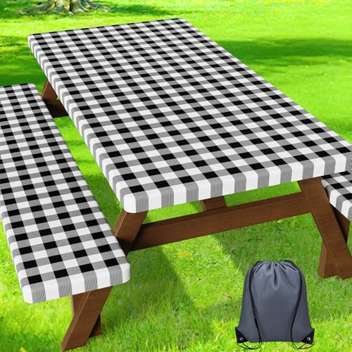HappyTrends Fitted Picnic Table Cover with Bench Covers - 6FT Dual Layer Waterproof Camping Tablecloth with Windproof Elastic Edging & Bag Washable RV Camping Essentials (72x30in Black & White)
