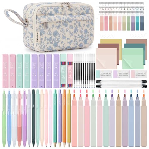 WOBAGMEN 62PCS Aesthetic School Supplies with Quilted Pencil Case Pastel Highlighters Gel Pens Mechanical Pencils Set Cute Back to School Supplies College Essentials (Blue Floral M)